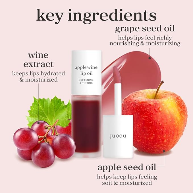 NOONI Korean Lip Oil - Applewine | Long-Lasting, Moisturizing, Plumping, Revitalizing for Dry Lips, Waterproof, No Peel Off, Hydrating, Nourishing Crystal Clear, 0.12 FL Oz