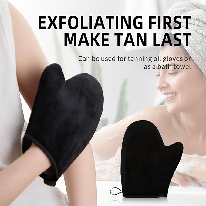 FUNAN Self Tanning Application Kit, 4-Piece Set with Back Applicator, Mini Mitt, Tanning Mitts and Ultra Soft Self Tanner Brush Bamboo Kabuki Brush, Black