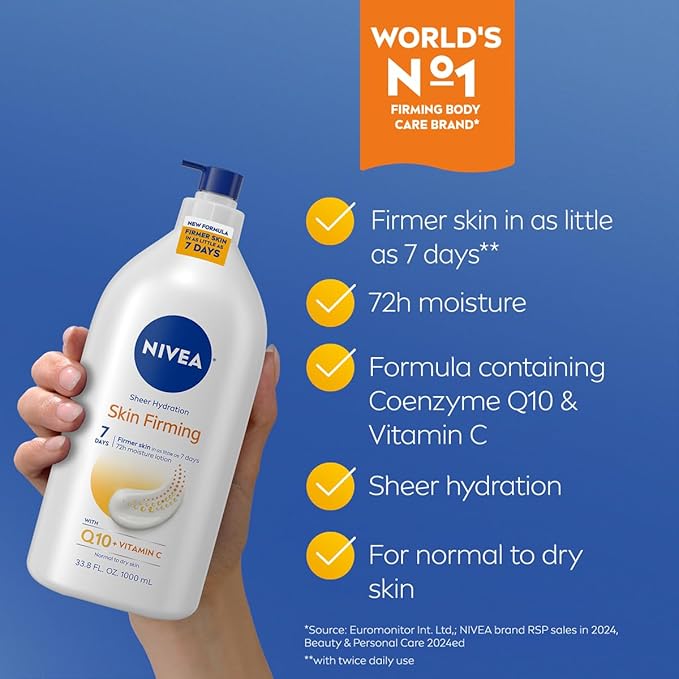 NIVEA Sheer Hydration Skin Firming Body Lotion with Q10 and Vitamin C, 72-Hour Body Moisturizer for Normal to Dry Skin, 33.8 Fl Oz Value Size Pump Bottle