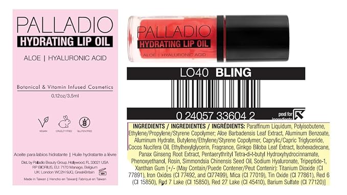 Palladio Hydrating Lip Oil Infused with Hyaluronic Acid, Non-Sticky Formula, Subtle shine with tinted sheer color, liquid lipstick, locks in moisture to prevent chapped lips 0.13 Oz. (BLING)