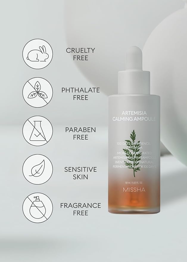 MISSHA Artemisia Calming Ampoule 1.69 Fl oz / 50ml - Face Serum for Sensitive Skin, Korean Skin Care with Double-Fermented Mugwort Extract, Soothes Redness, Acne & Irritation