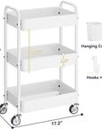 YASONIC Metal 3 Tier Rolling Cart - Heavy Duty Utility Cart with Lockable Wheels, Hanging Cups, Hooks, Mesh Rolling Storage Cart Craft Cart Organizer, Lightweight and Sturdy, White
