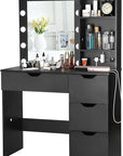 Vanity Desk with Mirror and Lights, 4 Drawers, Open Shelves, Built-in Power Outlets, 3 Lighting Colors Adjustable Dressing Table for Bedroom, Makeup Studio, Black