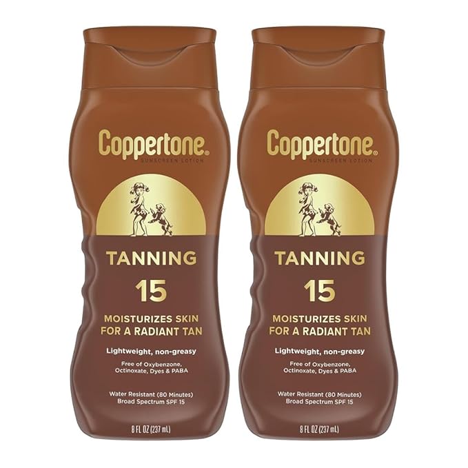 Coppertone Tanning Sunscreen Lotion, SPF 15, Broad Spectrum, Water Resistant | Vitamin E Enriched | Free of Harmful Chemicals | 16 Fl Oz | Pack of 2