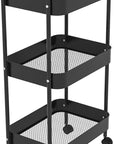 3-Tier Metal Utility Rolling Cart, Multi-Functional Storage Trolley for Office, Living Room, Kitchen, Movable Storage Organizer with Wheels, Black