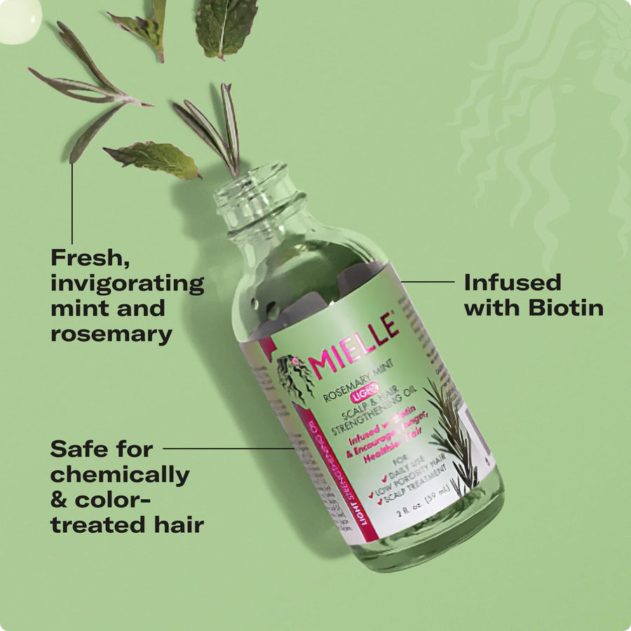 Mielle Organics Rosemary & Mint Light Hair Oil, Split Ends & Dry Scalp Treatment - Infused with Biotin & Essential Oils for Strengthening, Soothing, Moisturizing & Encouraging Longer Hair (2 Oz)