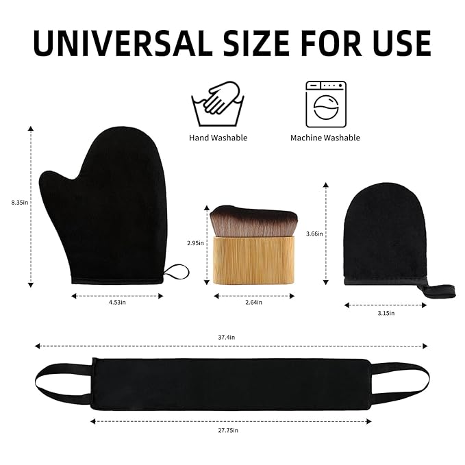 FUNAN Self Tanning Application Kit, 4-Piece Set with Back Applicator, Mini Mitt, Tanning Mitts and Ultra Soft Self Tanner Brush Bamboo Kabuki Brush, Black