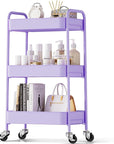 TOOLF 3-Tier Metal Rolling Cart with Wheels, Storage Utility Organizer Cart for Kitchen, Bathroom, Office, Baby Essentials & Makeup - Lockable Casters, Easy Assembly, Large Capacity, Purple
