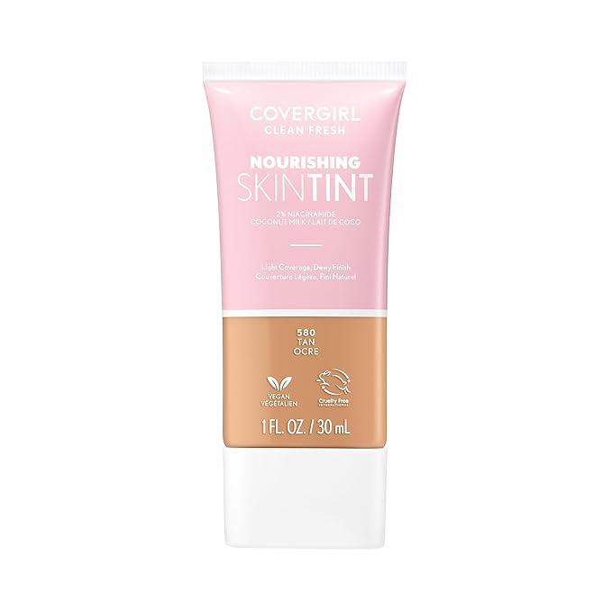 COVERGIRL Clean Fresh Nourishing Skin Tint, 580 Tan, Liquid Foundation, Dewy Finish, Infused with Coconut & Aloe, Vegan Formula