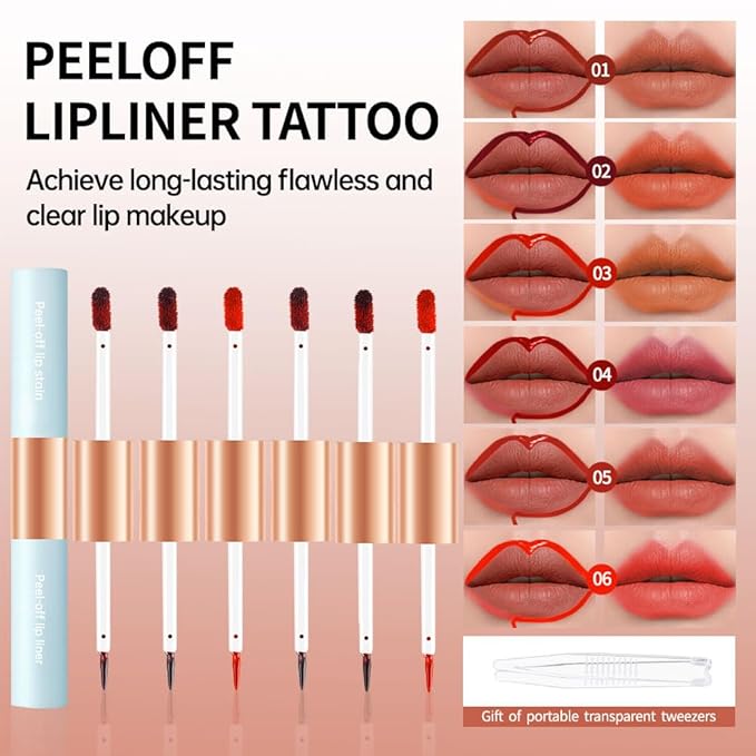 Matte Lip Stain Peel Off Lip Gloss& Lip Liner 2-in-1: One end defines lips with precision liner, the other peels off to reveal long-lasting, waterproof, smudge-proof, transfer-proof matte color.6#