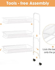 TOOLF 3-Tier Metal Rolling Cart, Mesh Wire Easy Assemble Utility Cart, Storage Trolley on Wheels with 3 Hooks, MetalStorage Shelving Units for Kitchen Bathroom Laundry Room
