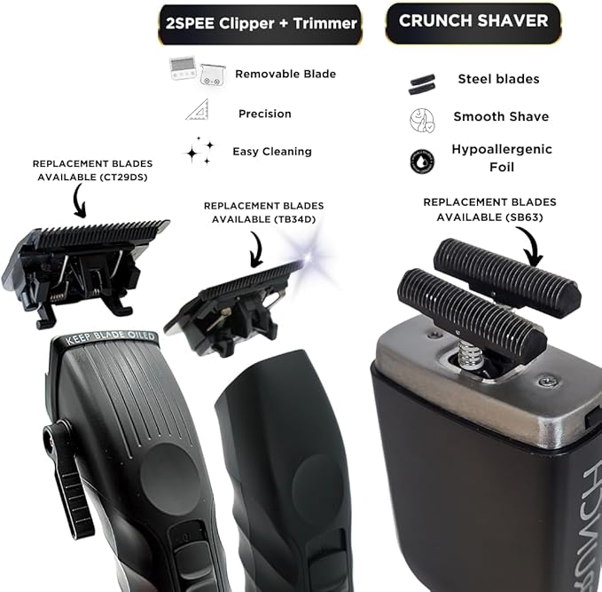Supreme Trimmer 3-in-1 Barber Bundle | 2Spee Clipper, 2Spee Trimmer & Crunch Foil Shaver | Professional Beard Trimmer Men’s Hair Clipper Kit | (Black)