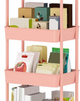 Sywhitta 4-Tier Plastic Rolling Utility Cart with Handle, Multi-Functional Storage Trolley for Office, Living Room, Kitchen, Movable Storage Organizer with Wheels, Pink