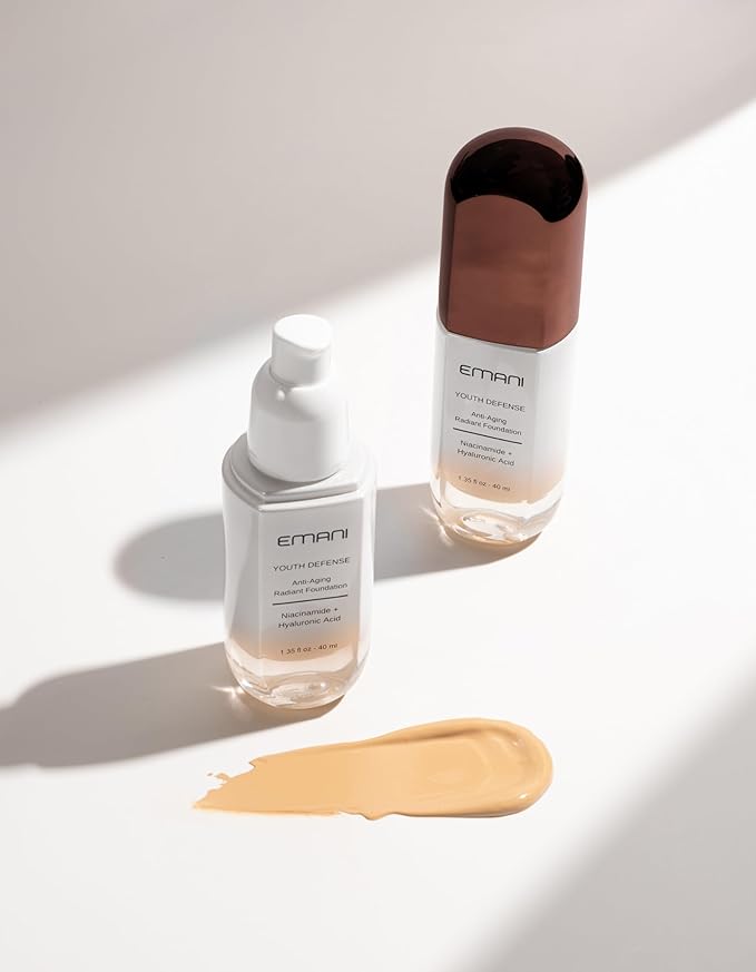 Emani Youth Defense Foundation with Hyaluronic Acid - Anti-Aging, Full Coverage - Protects Face and Brightens Skin Discoloration, Tan