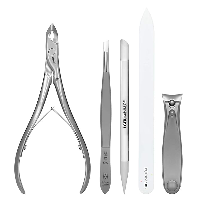 GERMANIKURE 5pc Manicure Set in Leather Case -FINOX Stainless steel tools handmade in Solingen Germany – Professional Nail and Cuticle Care Travel Implements