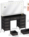 COMHOMA Vanity Desk with Large Mirror,15 LED Bulbs and Power Outlet,Makeup Table with 9 Storage Drawers and HD Mirrors,3 Color Modes Adjustable Lighting for Bedroom Dressing Room (Black, 47inch)