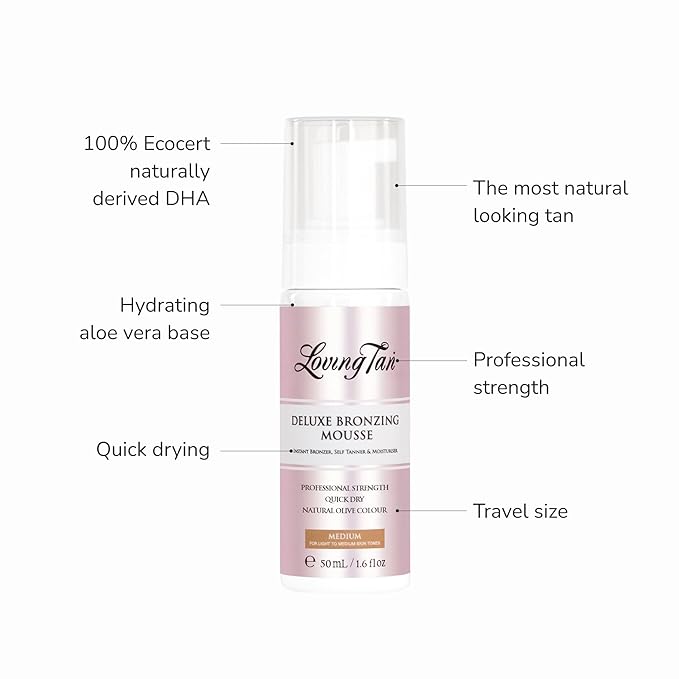 Loving Tan Deluxe Bronzing Mousse - Streak Free, Natural looking, Professional Strength Sunless Tanner - Up to 5 Self Tan Applications per Bottle, Cruelty Free (Mini Kit (Medium))