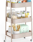 EAGMAK 3 Tier Utility Rolling Cart, Metal Storage Cart with Handle and Lockable Wheels, Multifunctional Storage Organizer Trolley with Mesh Baskets for Kitchen, Living Room, Office, Garage (Beige)