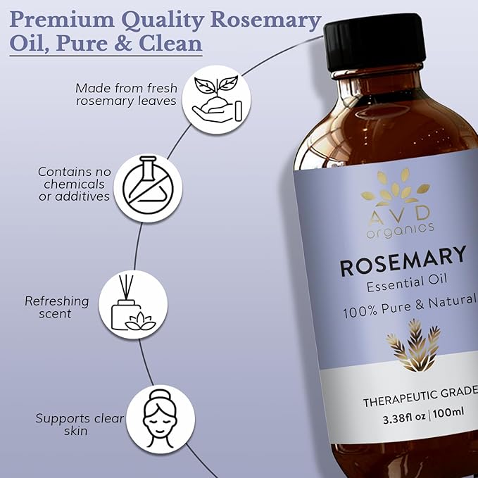 Rosemary Oil for Hair Growth | 100% Pure and Natural Rosemary Essential Oil | for Lotion Diffuser Skin & Hair | 3.38 fl. Oz