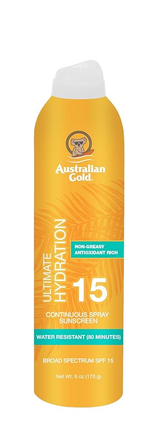 Australian Gold Continuous Spray Sunscreen SPF 15, 6 Ounce, Dries Fast, Broad Spectrum, Water Resistant, Non-Greasy, Oxybenzone Free, Cruelty Free,A70908