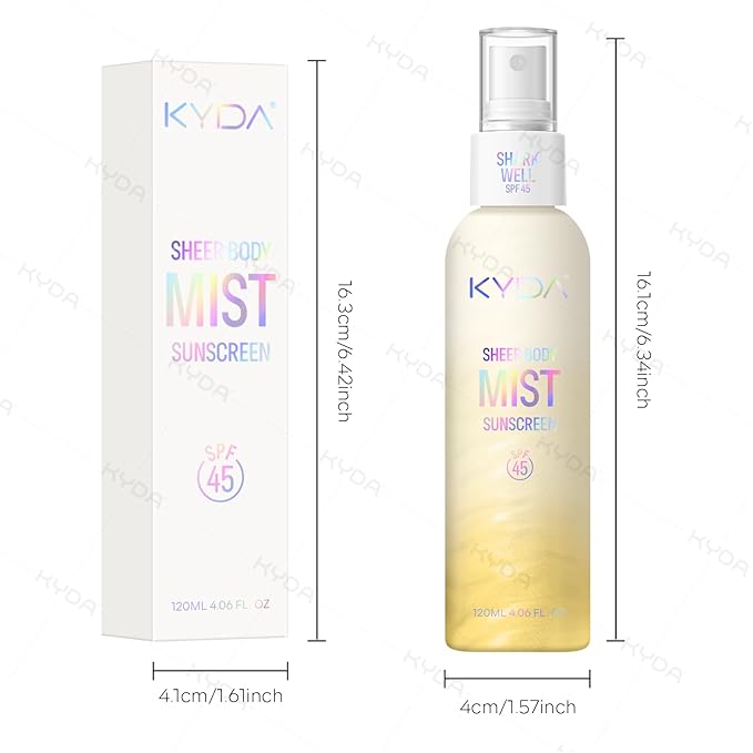 KYDA Sheer Body Sunscreen Mist, SPF 45, Radiant Glow Sunscreen Spray, Infused with Shimmer Body Oil, Ultra-fine Glowing Mist, Quick Drying, Lightweight Hydrating Spray, 4.06 fl oz, GOLD