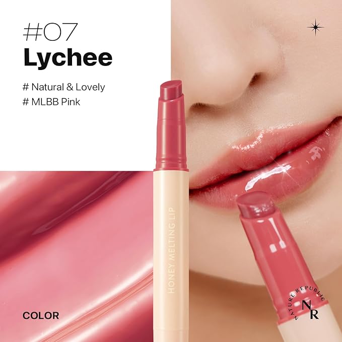 Nature Republic HONEY MELTING LIP (07 LYCHEE) SOFT LIP STICK, Hydrating Gloss, Moisturizing balms, Sheer tint, Shine & Glowy Finish, korean make up