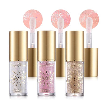 3Pcs Glitter Lip Oil,Moisturizing Lip Glow Oil Big Brush Head Long Lasting Hydrating Shimmery Transparent,Glass Lip Glow Oil Non-sticky Shiny Primer Plumping Lip Gloss
