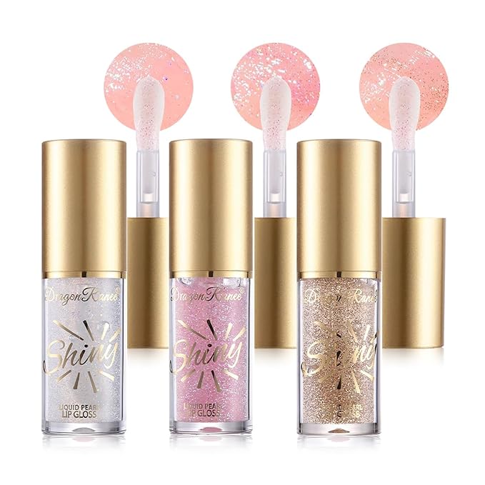 3Pcs Glitter Lip Oil,Moisturizing Lip Glow Oil Big Brush Head Long Lasting Hydrating Shimmery Transparent,Glass Lip Glow Oil Non-sticky Shiny Primer Plumping Lip Gloss