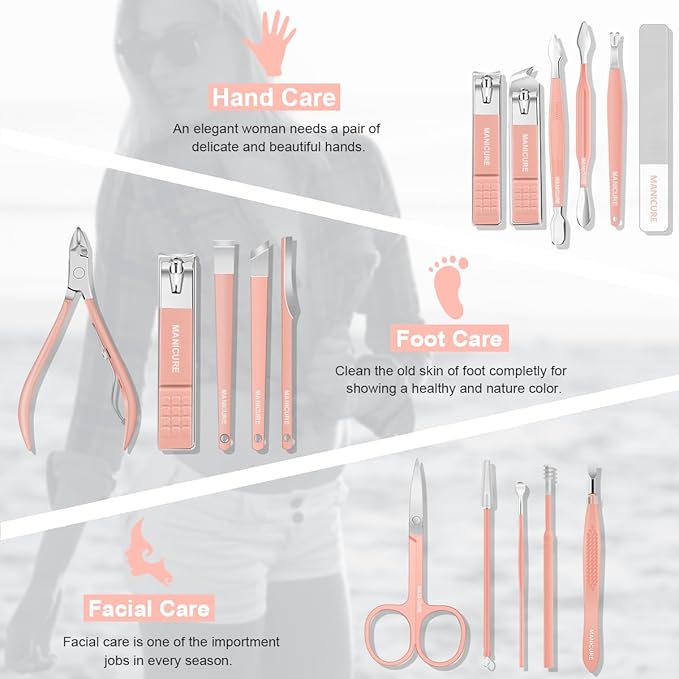 Manicure Set Professional Nail Clippers Pedicure Kit, 16 pcs Stainless Steel Nail Care Tools Grooming Kit with Luxurious Travel Leather Case for Thick Nails Men Women Gift (Pink)