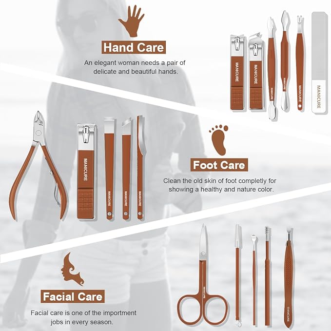 Manicure Set Professional Nail Clippers Pedicure Kit, 16 pcs Stainless Steel Nail Care Tools Grooming Kit with Luxurious Travel Leather Case for Thick Nails Men Women Gift (Brown)