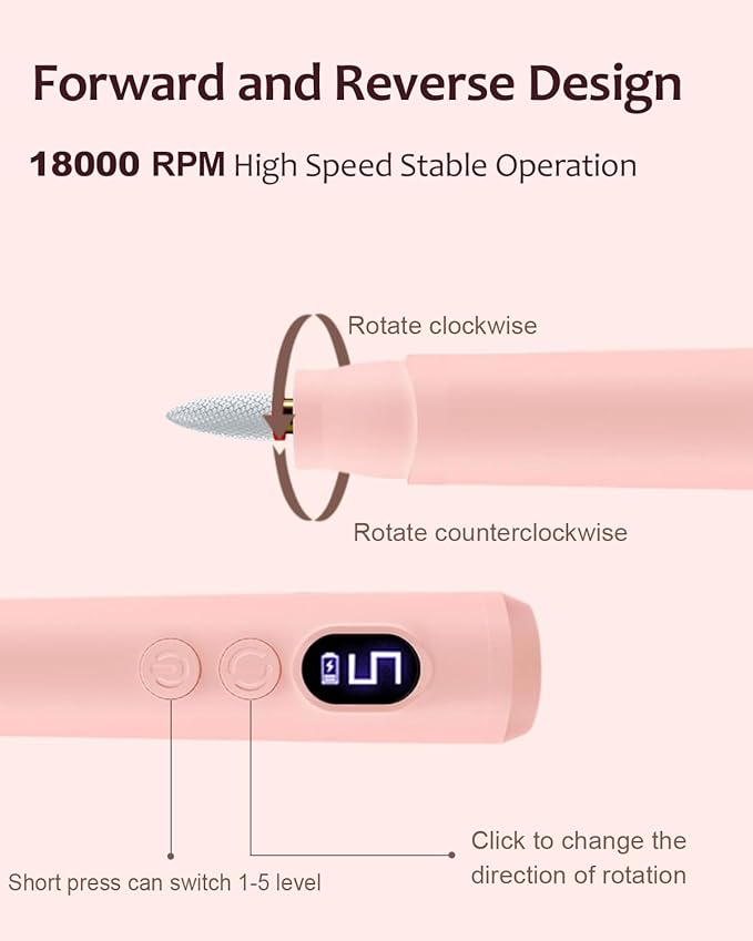Electric Nail Drill & Gel Polish Remover - 5-Speed Cordless Nail File Filer Grinder - Rechargeable Manicure Kit for Acrylic Gel Nails Cuticle Callus Remover - Electric Nail Drill Buffers for Women