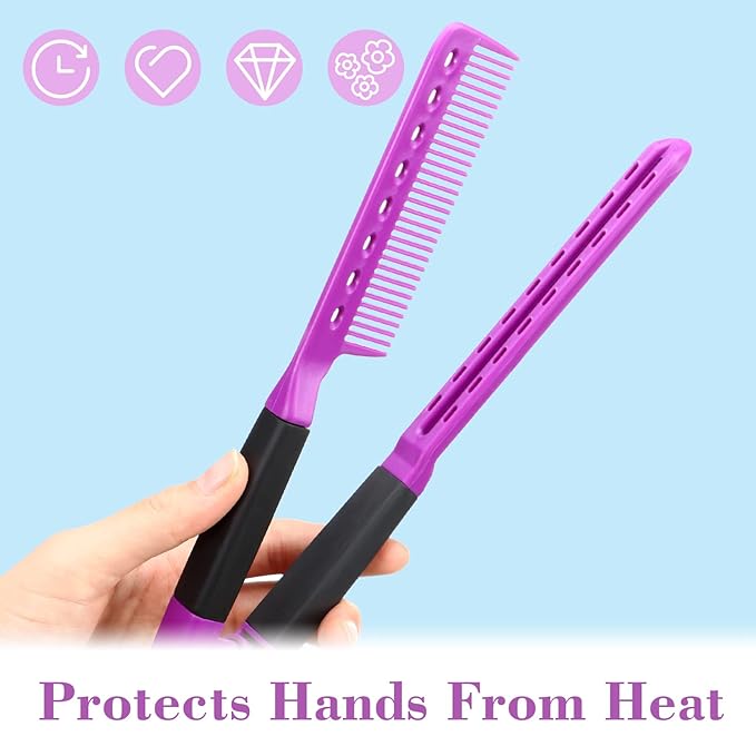 Chengu 2 Pcs Boar Bristles Double Sided Brush and Flat Iron Comb for Hair Straightening and Styling Knotty Unkempt Hair (Black, Purple)
