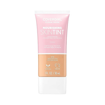 COVERGIRL Clean Fresh Nourishing Skin Tint, 570 Medium/Tan, Liquid Foundation, Dewy Finish, Infused with Coconut & Aloe, Vegan Formula