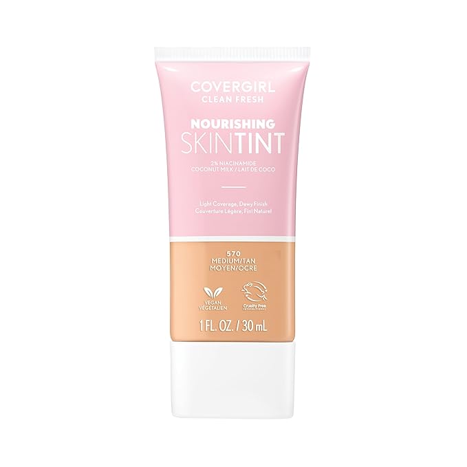 COVERGIRL Clean Fresh Nourishing Skin Tint, 570 Medium/Tan, Liquid Foundation, Dewy Finish, Infused with Coconut & Aloe, Vegan Formula
