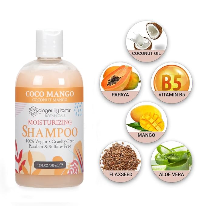 Ginger Lily Farms Botanicals Moisturizing Shampoo for All Hair Types, Coco Mango, 100% Vegan & Cruelty-Free, Coconut Mango Scent, 12 Fl Oz (Pack of 6)