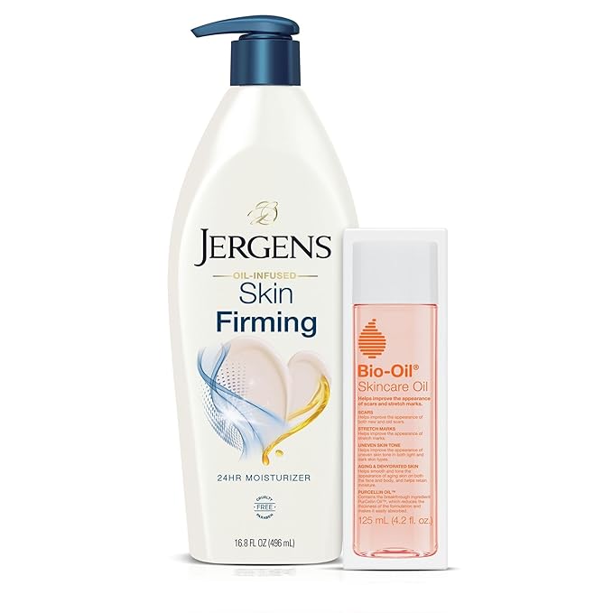 Jergens Skin Firming Lotion Dry to Extra Dry Skin (16.8 Oz) + Bio-Oil (4.2 Fl Oz), Collagen and Elastin Moisturizer, Tightening Cream for Body, Smoothes and Tones, Dermatologist Tested
