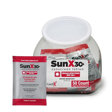 CoreTex Sun X 30+ SPF Individual Sunscreen Packets Travel Size - Fishbowl Pack of 50 Paraben, Oxybenzone, & Oil Free Broad Spectrum Sunscreen - No White Cast and Water Resistant Up to 80 Minutes