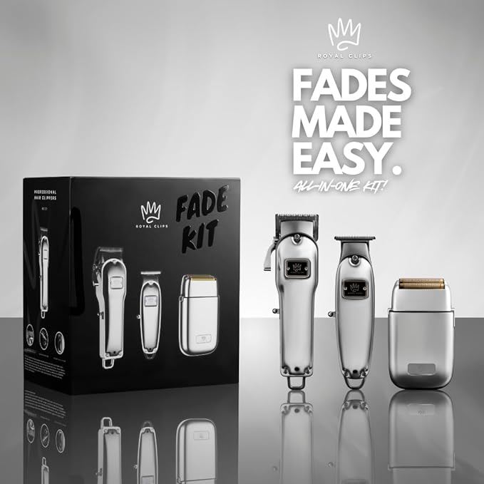 Royal Clips Hair and Beard Fade Kit – Professional Clipper, Trimmer & Foil Shaver Bundle for Men, Complete Haircut Set for Barbers, Home Use & Grooming – 5-Hour Battery, 10pcs Limit Combs, Silver