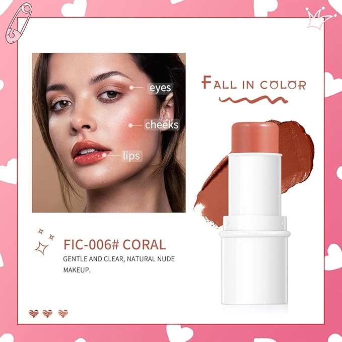 Blush Stick, Matte Cream Blush Stick for Cheeks, Lasting(06 Coral)