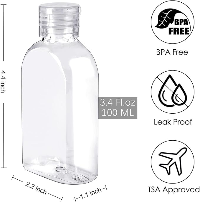 TUZAZO 6 Pack Travel Bottles for Toiletries 3.4oz/100ml Travel Size Containers TSA Approved, Clear Plastic Lotion Bottle Refillable Squeeze Bottles with Flip Cap for Shampoo, Conditioner & Lotion