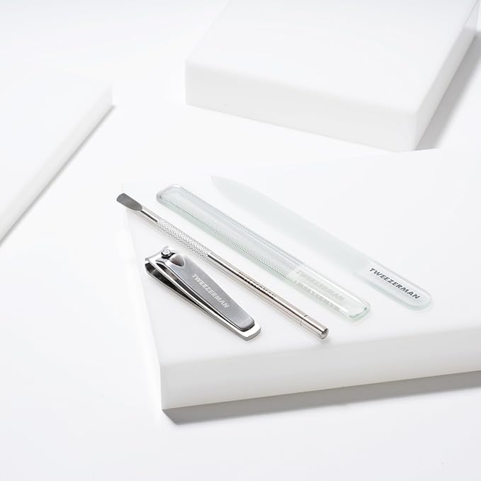 Tweezerman Glass Manicure Set Includes Nail Clipper, Cuticle Pusher, Glass Nail File, and Glass Nail Buffer