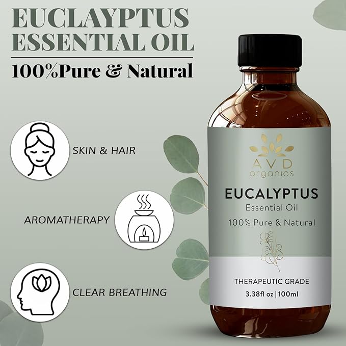 Eucalyptus Essential Oil 100ml | 100% Natural and Pure USDA Organic Eucalyptus Oil | Diffuser Aromatherapy Skin & Hair | 3.38fl oz