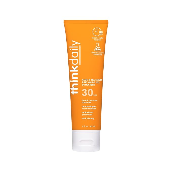 Thinkdaily SPF 30 Mineral Sunscreen with Aloe & Tea Leave, 3 Fl Oz - Safe, Natural, Water Resistant, Broad Spectrum UVA/UVB Zinc Oxide Sun Screen for Sun Protection – Reef Safe Sunscreen