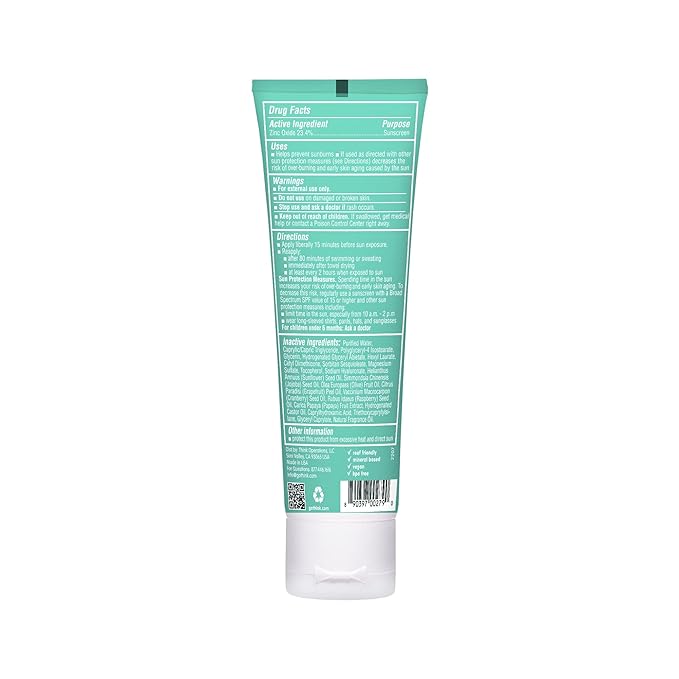 Thinkkids Safe Mineral Sunscreen SPF 50+, 3 Fl Oz, Natural, Water Resistant Reef Safe Sunscreen for Children, Broad Spectrum UVA/UVB Sun Screen