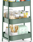 EAGMAK 3 Tier Utility Rolling Cart, Metal Storage Cart with Handle and Lockable Wheels, Multifunctional Storage Organizer Trolley with Mesh Baskets for Kitchen, Living Room, Office, Garage (Jungle)