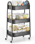EAGMAK 3 Tier Rolling Cart, Large Metal Storage Cart with Handle and Lockable Wheels, Big Multifunctional Storage Organizer Trolley with Mesh Baskets for Kitchen, Living Room, Office, Garage (Black)