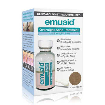 EMUAID Overnight Acne Treatment, Gentle Fast-Acting Solution with Salicylic Acid for Adults and Teens, Clears Stubborn Pimples, Cystic Acne, Blackheads, Rosacea, and Hormonal Breakouts, 1oz