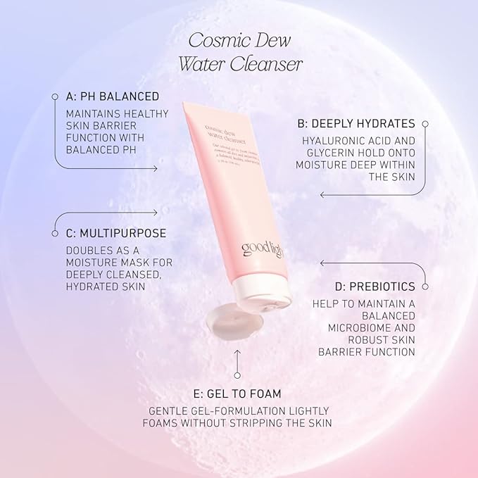 good light Cosmic Dew Water Cleanser. Celestial Gel-to-Foam Face Wash Cleanser. Made with Glycerin and Hyaluronic Acid. Hydrating, Sensitive Skin Safe Korean Skin Care. (3.38 fl oz)