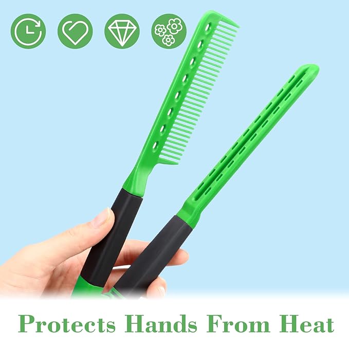Chengu 2 Pcs Boar Bristles Double-Sided Brush and Flat Iron Comb for Hair Straightening, Styling, and Detangling Knotty Hair (Black, Green)