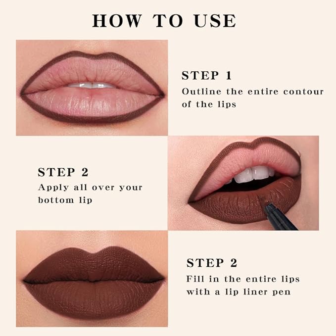 Longwear Liquid Lip Liner Stain Marker Pen Long Lasting Waterproof, Chocolate Cocoa Dark Red Brown Matte Semi Permanent 24 Hour Lip Liner and Lipstick Combo, Color Stay Lipliner Lips Stain peel off 11